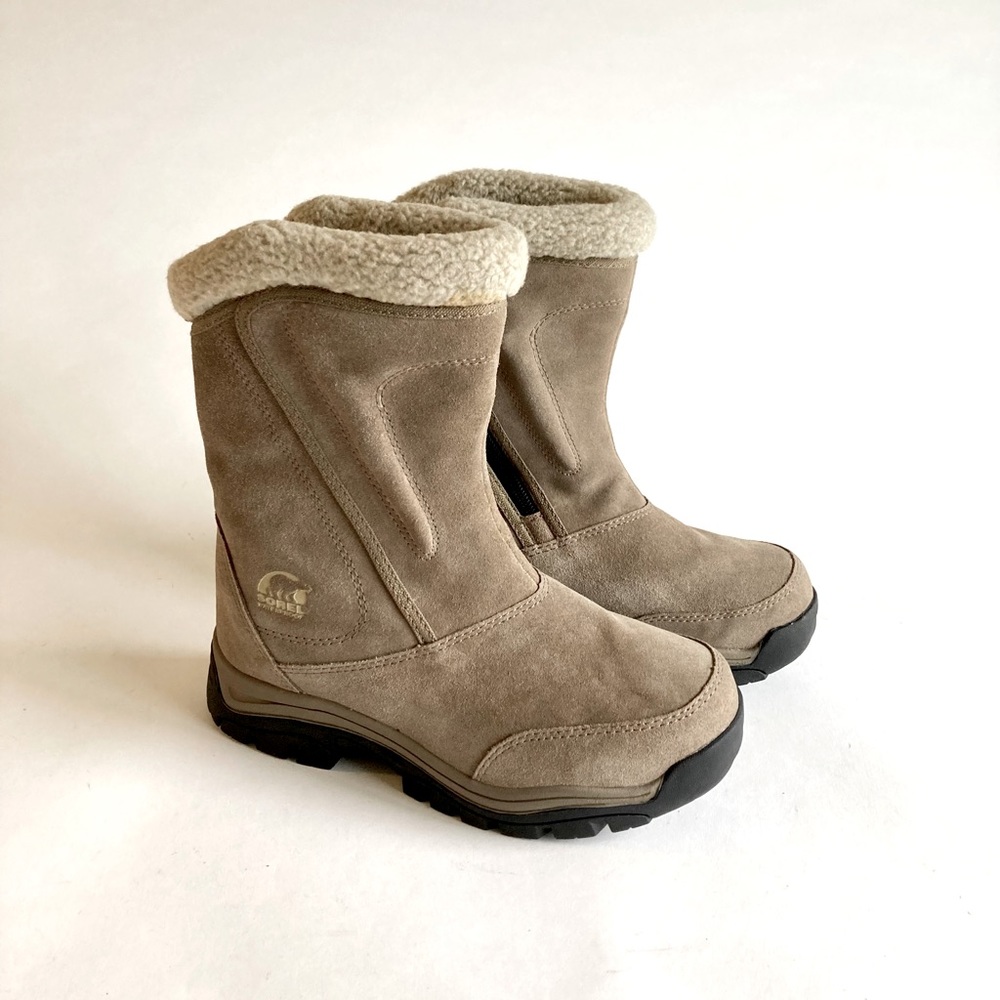 Sorel Waterproof Khaki Suede Faux Fur Rubber Sole Mid Calf Boots size 6